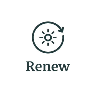 Icon of a sun with a circular arrow, accompanied by the word "Renew".
