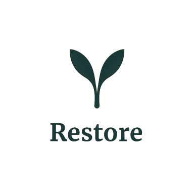 Logo featuring a simplistic leaf design above the word "Restore".